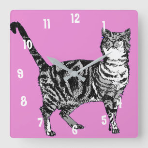 Relógio Quadrado Gato Listrado Gatos Arte Animal Decoração Rosa Que