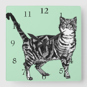 Relógio Quadrado Gato Listrado Gatos Arte Animal Decoração Verde Me