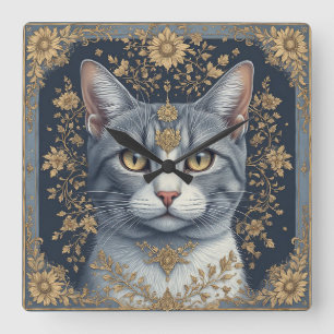 Relógio Quadrado Gato Majestoso com Detalhes Dourados Florais Ornam