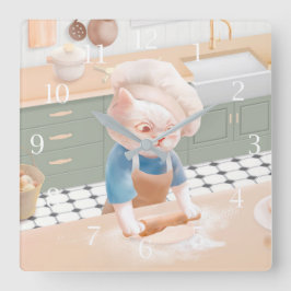Relógio Quadrado Gato no Chef Hat Rolling Dough na Kitchen Square W