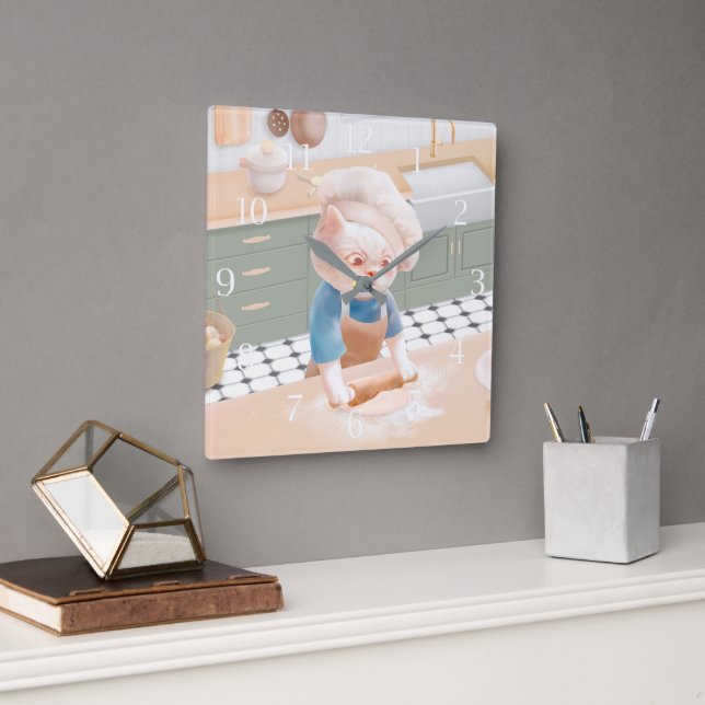 Relógio Quadrado Gato no Chef Hat Rolling Dough na Kitchen Square W (Escritório)