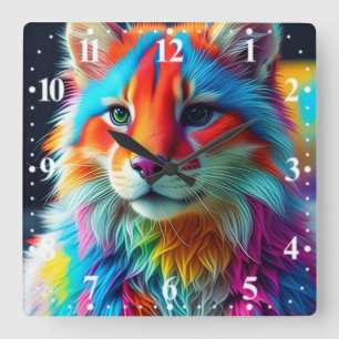 Relógio Quadrado Gato Peludo de Cores de Arco-Íris-68587