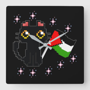 Relógio Quadrado gato preto bonito segura bandeira da Palestina