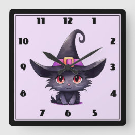 Relógio Quadrado Gato preto bonito Vestindo chapéu de bruxa