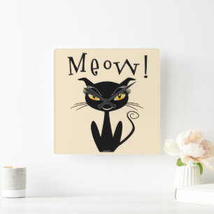 Relógio Quadrado Gato Preto Caprichoso Miau!