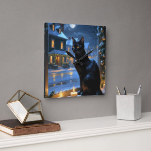 Relógio Quadrado Gato Preto Com Luzes de Natal Feriado