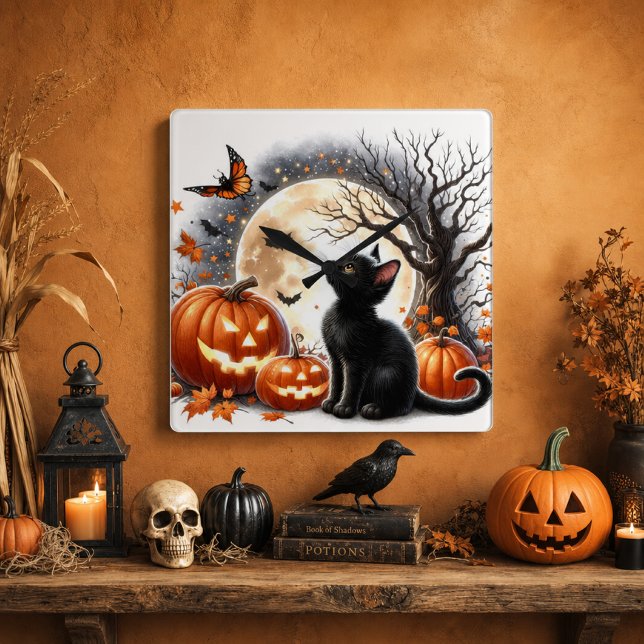 Relógio Quadrado Gato Preto de Halloween e Abóboras Âmbar Rústico  (Criador carregado)