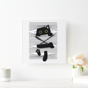 Relógio Quadrado Gato Preto Escondido Fofo Engraçado Minimalista Am
