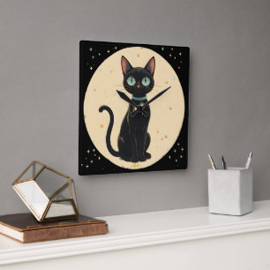 Relógio Quadrado Gato Preto Futurista Atômico Lua