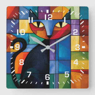 Relógio Quadrado Gato Preto Geométrico Vidro Pintado em Grade