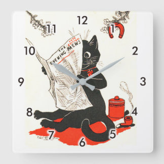 Relógio Quadrado Gato preto que lê um jornal, Louis Wain