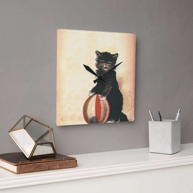Relógio Quadrado Gato Preto Vintage HALLOWEEN (Escritório)