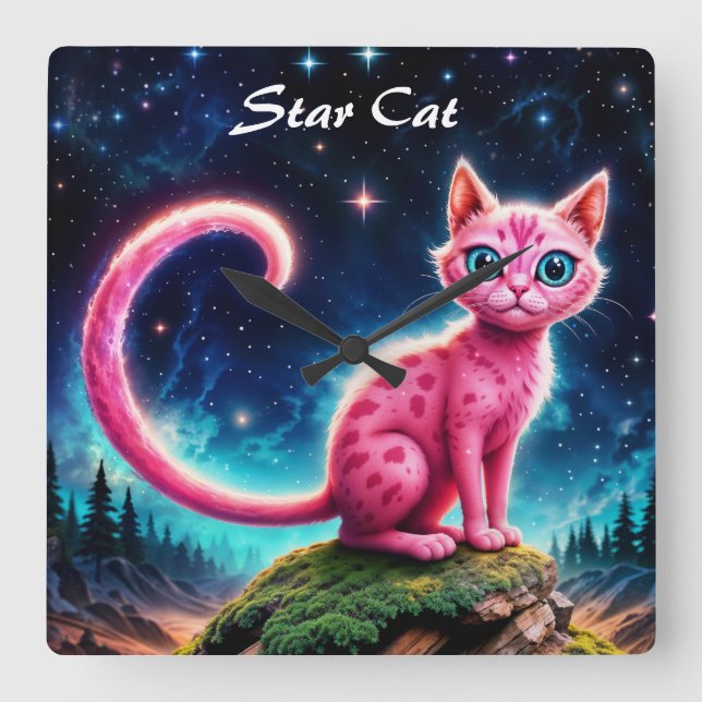 Relógio Quadrado Gato rosa fantástico na floresta mágica estelar no (Frente)