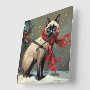 Relógio Quadrado Gato Siames no Natal com Neve