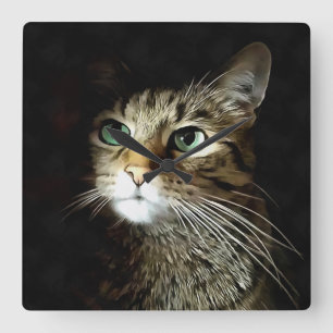 Relógio Quadrado Gato Tabby Com Olhos Verdes Isolado No Preto
