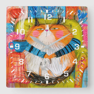 Relógio Quadrado Gato Tabby Laranja Presunçoso Bebendo Café