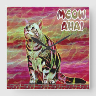 Relógio Quadrado Gato Tabby Prateado
