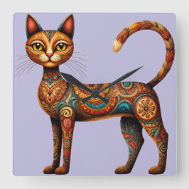Relógio Quadrado Gato Tribal Boho Fofo Arte Folclórica com Flores