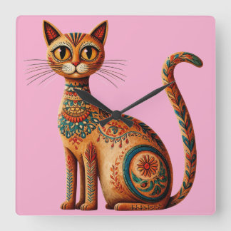 Relógio Quadrado Gato Tribal Boho Fofo Arte Folclórica com Flores