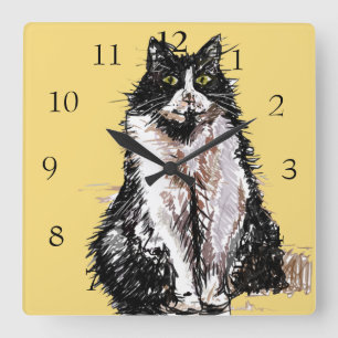 Relógio Quadrado Gato Tuxedo Gatos Arte Animal Quarto de Crianças B