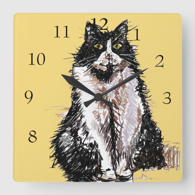 Relógio Quadrado Gato Tuxedo Gatos Arte Animal Quarto de Crianças B (Frente)