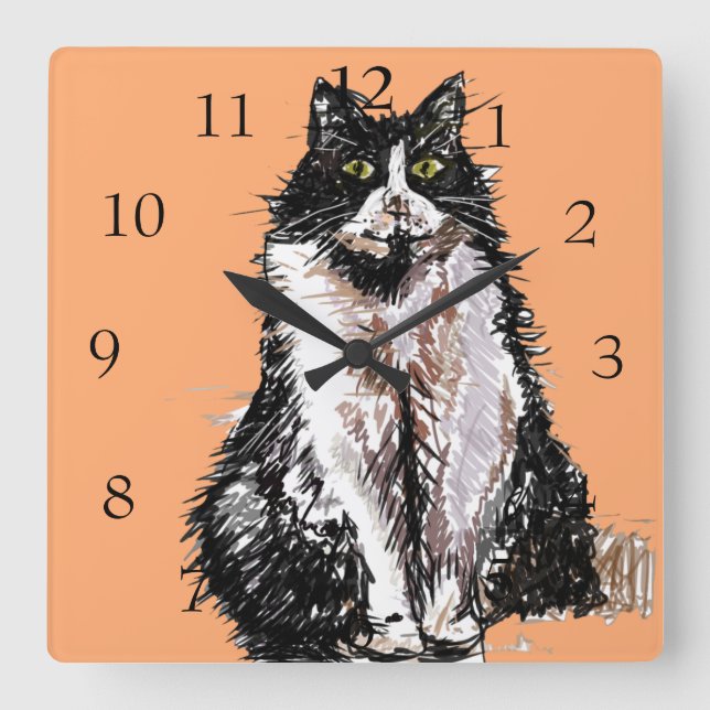 Relógio Quadrado Gato Tuxedo Gatos Arte Animal Quarto de Crianças S (Frente)