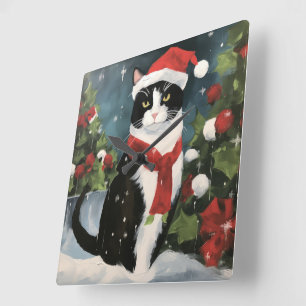Relógio Quadrado Gato Tuxedo na Neve Natal
