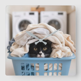 Relógio Quadrado Gato Tuxedo se Escondendo na Cesta de Roupa
