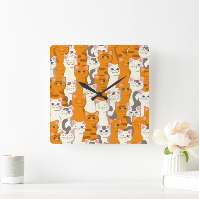 Relógio Quadrado Gatos brancos e gengibres padrão olhos verdes olho (Lar)