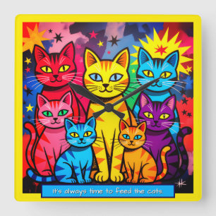 Relógio Quadrado [Gatos Caprichosos] Arte Pop Colorida Moderna