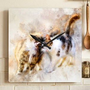 Relógio Quadrado Gatos de Aquarela Se Aconchegando em Arte Abstrata