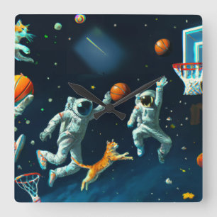 Relógio Quadrado Gatos Jogando Basquete no Espaço com Astronautas