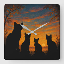 Relógio Quadrado Gatos Observam o Pôr do Sol