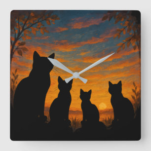 Relógio Quadrado Gatos Observam o Pôr do Sol