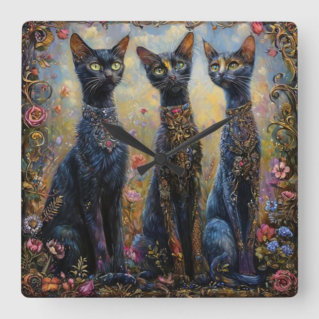 Relógio Quadrado Gatos pretos fofos (Frente)