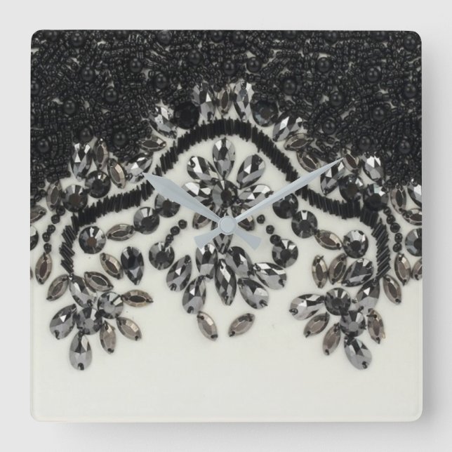 Relógio Quadrado gatsby glamour chic rhinestone preto floral (Frente)