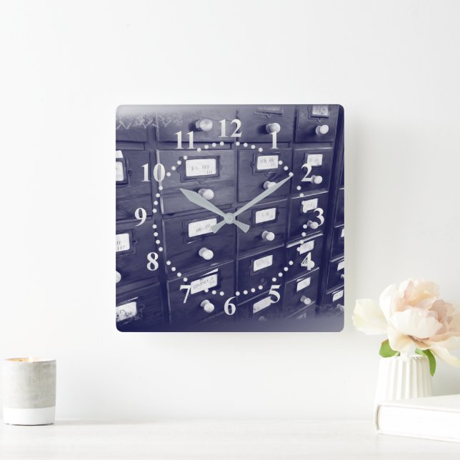 Relógio Quadrado Gavetas de biblioteca antigas (Lar)
