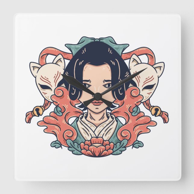 Relógio Quadrado Geisha E Kitsune (Frente)