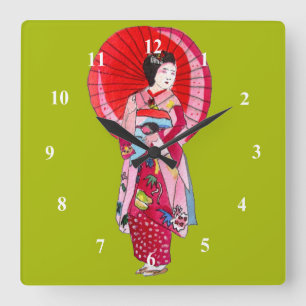 Relógio Quadrado Geisha vermelho kimono japonês