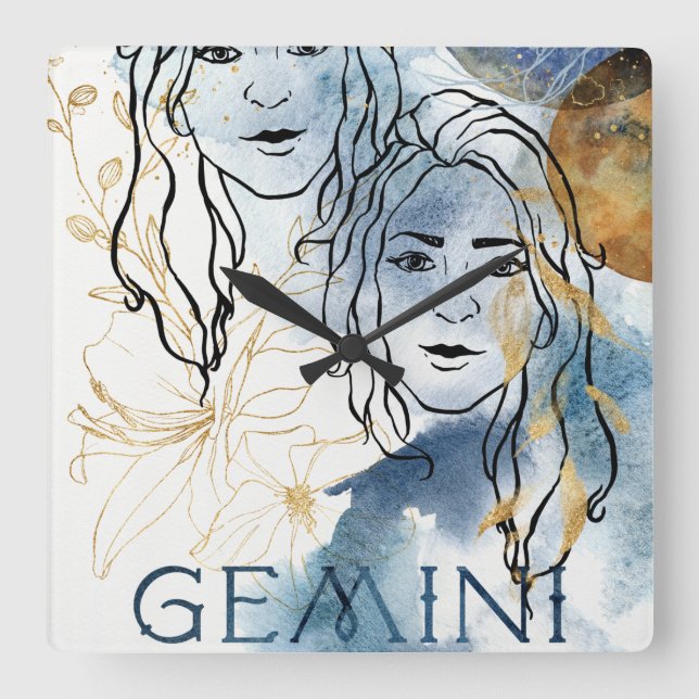 Relógio Quadrado Gemini twins birthday zodiac astrology blue gold (Frente)