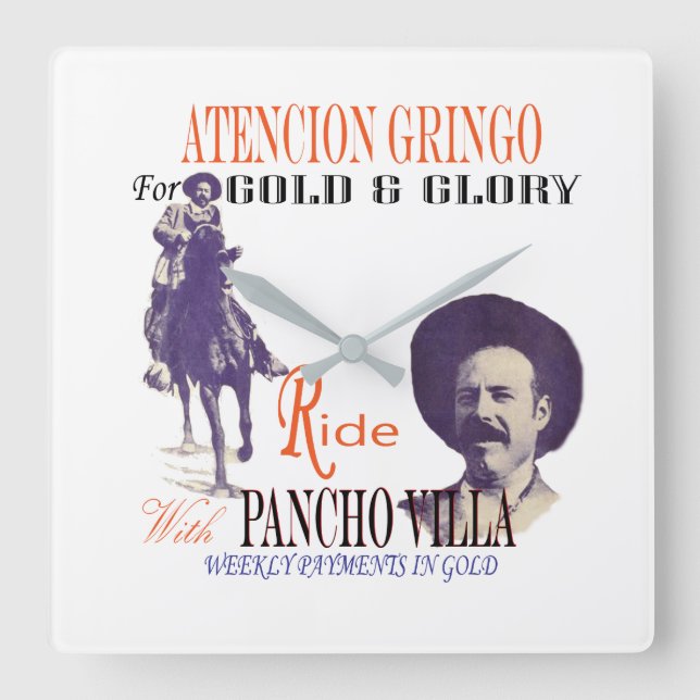 Relógio Quadrado General Pancho Villa 🎖️ Herói Mexicano (Frente)