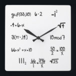 Relógio Quadrado Gênio engraçado da matemática do questionário de<br><div class="desc">Pulso de disparo de parede engraçado do gênio da matemática.  Pulso de disparo de parede simples da equação da matemática.  Questionário de pop.  Grande presente para seu feiticeiro da matemática.  Giz branco com fundo do quadro-negro. elpgeek</div>