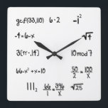 Relógio Quadrado Gênio engraçado da matemática do questionário de<br><div class="desc">Pulso de disparo de parede engraçado do gênio da matemática.  Pulso de disparo de parede simples da equação da matemática.  Questionário de pop.  Grande presente para seu feiticeiro da matemática.  Giz branco com fundo do quadro-negro. elpgeek</div>