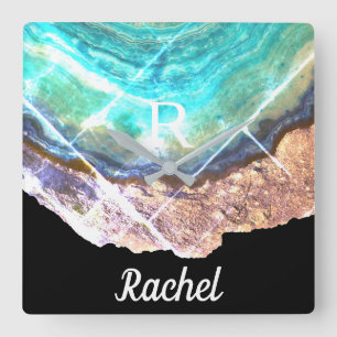 Relógio Quadrado Geode Agate Monograma Nome Modelo Verde Espumante