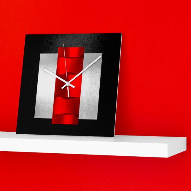 Relógio Quadrado Geometria Cinza Vermelha Moderna Prata Negra Orien (Criador carregado)