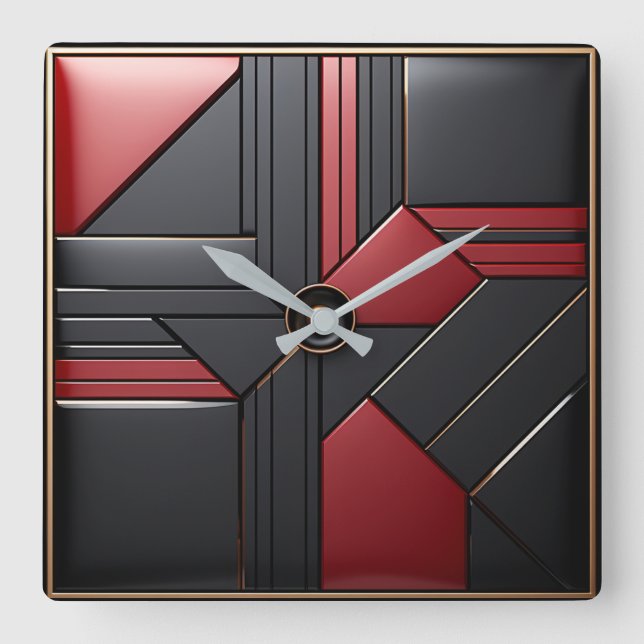 Relógio Quadrado Geometric Art Deco Red Black Elegant (Frente)