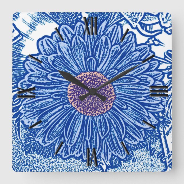 Relógio Quadrado Gerbera Daisy Block Impressão - azul cobalto (Frente)