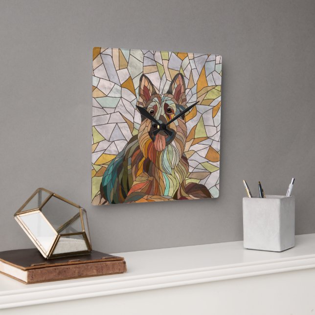 Relógio Quadrado German shepherd - Arte Mosaica (Escritório)