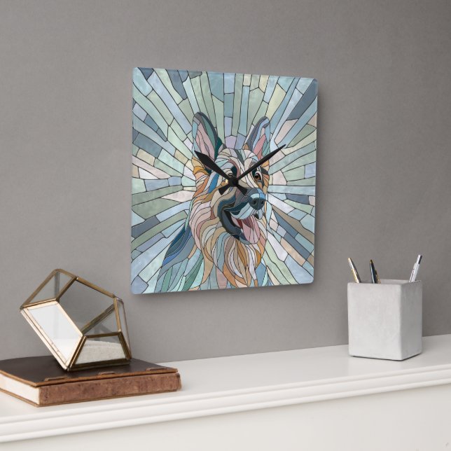 Relógio Quadrado German shepherd - Arte Mosaica (Escritório)