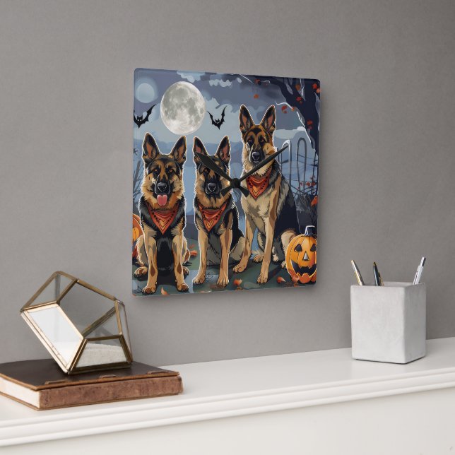 Relógio Quadrado German shepherd Halloween Spooky (Escritório)